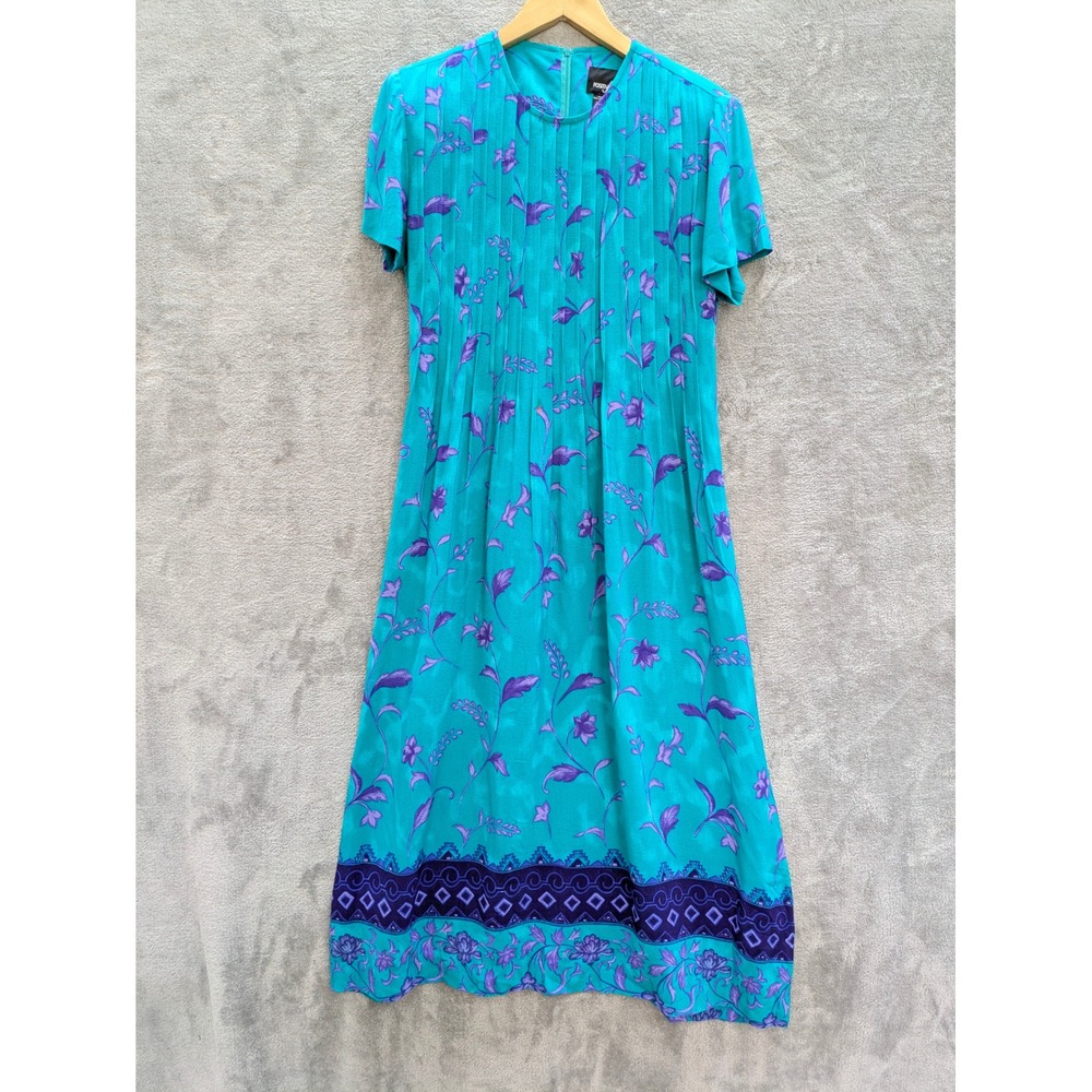 Vintage 90s Floral Pintuck Midi Dress Womens 8 Petite Teal Purple Rayon Boho